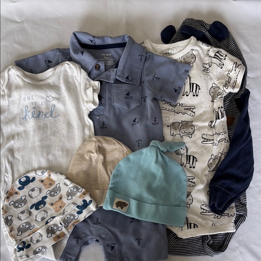 Mixed Baby Onesie & Hat Bundle - Blue, White, Cream
